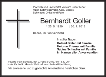 Traueranzeige von Bernhardt Goller von Frankenpost
