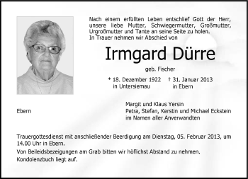 Traueranzeige von Irmgard Dürre von Neue Presse Coburg