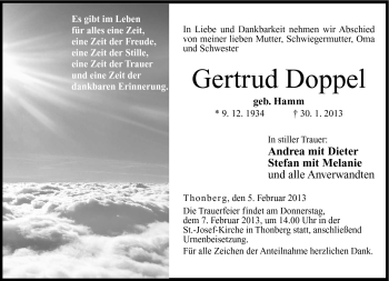 Traueranzeige von Gertrud Doppel von Neue Presse Coburg