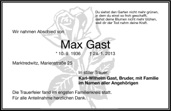Traueranzeige von Max Gast von Frankenpost