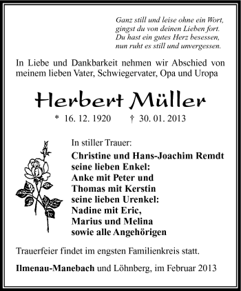 Traueranzeige von Herbert Müller von Südthüringer Presse