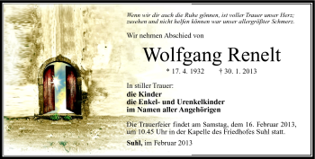 Traueranzeige von Wolfgang Renelt von Südthüringer Presse