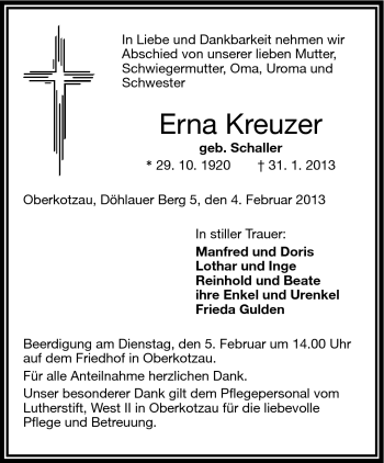 Traueranzeige von Erna Kreuzer von Frankenpost