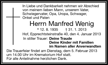 Traueranzeige von Manfred Wenig von Frankenpost