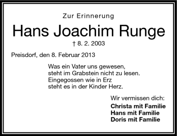 Traueranzeige von Hans Joachim Runge von Frankenpost