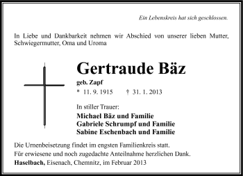 Traueranzeige von Gertraude Bäz von Südthüringer Presse