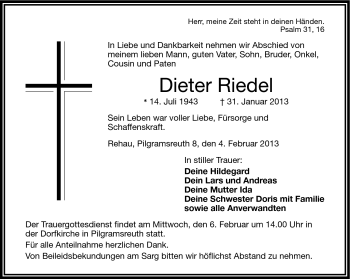 Traueranzeige von Dieter Riedel von Frankenpost