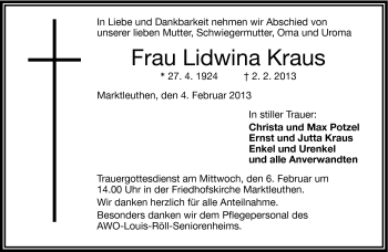 Traueranzeige von Lidwina Kraus von Frankenpost