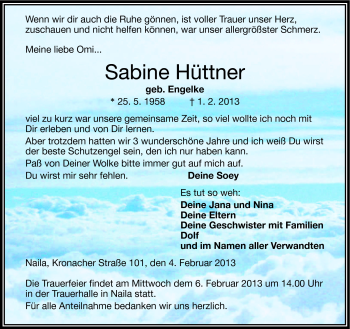 Traueranzeige von Sabine Hüttner von Frankenpost