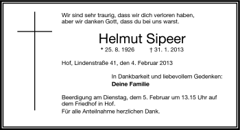 Traueranzeige von Helmut Sipeer von Frankenpost