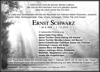 Traueranzeige von Ernst Schwarz von Südthüringer Presse