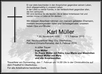 Traueranzeige von Karl Müller von Frankenpost