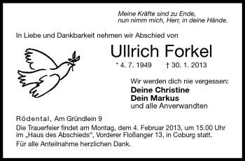 Traueranzeige von Ulrich Forkel von Neue Presse Coburg