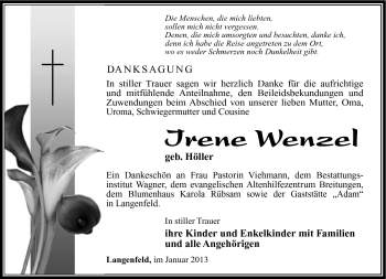 Traueranzeige von Irene Wenzel von Südthüringer Presse