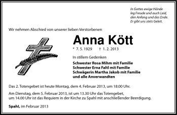 Traueranzeige von Anna Kött von Südthüringer Presse