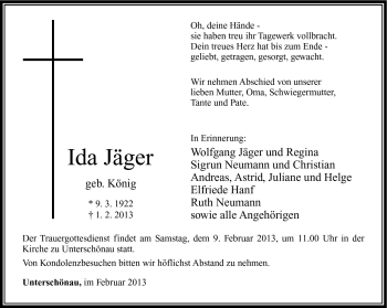 Traueranzeige von Ida Jäger von Südthüringer Presse