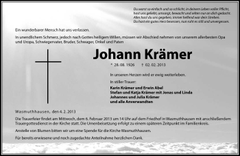 Traueranzeige von Johann Krämer von Neue Presse Coburg