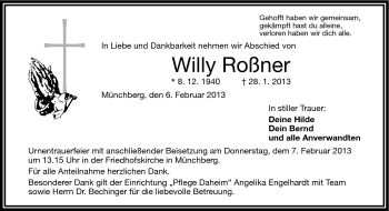 Traueranzeige von Willy Roßner von Frankenpost