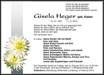Traueranzeige von Gisela Heger von Südthüringer Presse