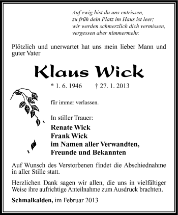 Traueranzeige von Klaus Wick von Südthüringer Presse