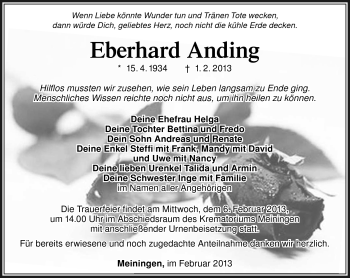 Traueranzeige von Eberhard Anding von Südthüringer Presse