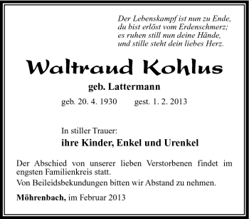 Traueranzeige von Waltraud Kohlus von Südthüringer Presse