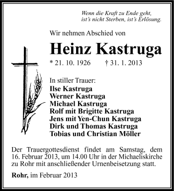 Traueranzeige von Heinz Kastruga von Südthüringer Presse
