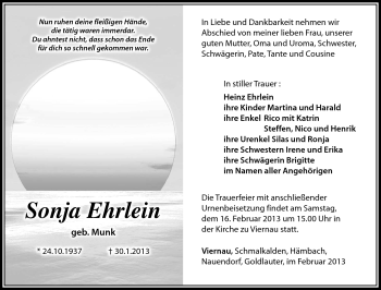 Traueranzeige von Sonja Ehrlein von Südthüringer Presse