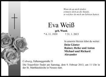 Traueranzeige von Eva Weiß von Neue Presse Coburg