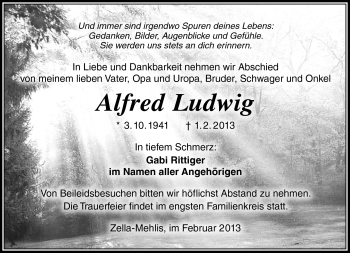 Traueranzeige von Alfred Ludwig von Südthüringer Presse
