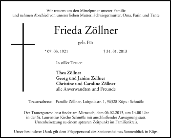 Traueranzeige von Frieda Zöllner von Neue Presse Coburg