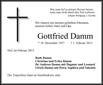 Traueranzeige von Gottfried Damm von Frankenpost