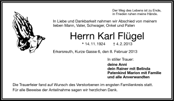 Traueranzeige von Karl Flügel von Frankenpost
