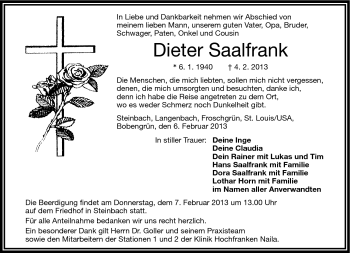Traueranzeige von Dieter Saalfrank von Frankenpost