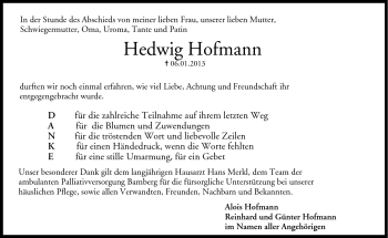 Traueranzeige von Hedwig Hofmann von Neue Presse Coburg
