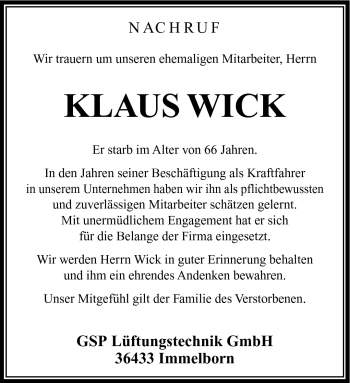 Traueranzeige von Klaus Wick von Südthüringer Presse