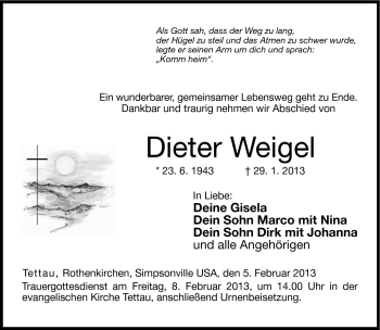 Traueranzeige von Dieter Weigel von Neue Presse Coburg