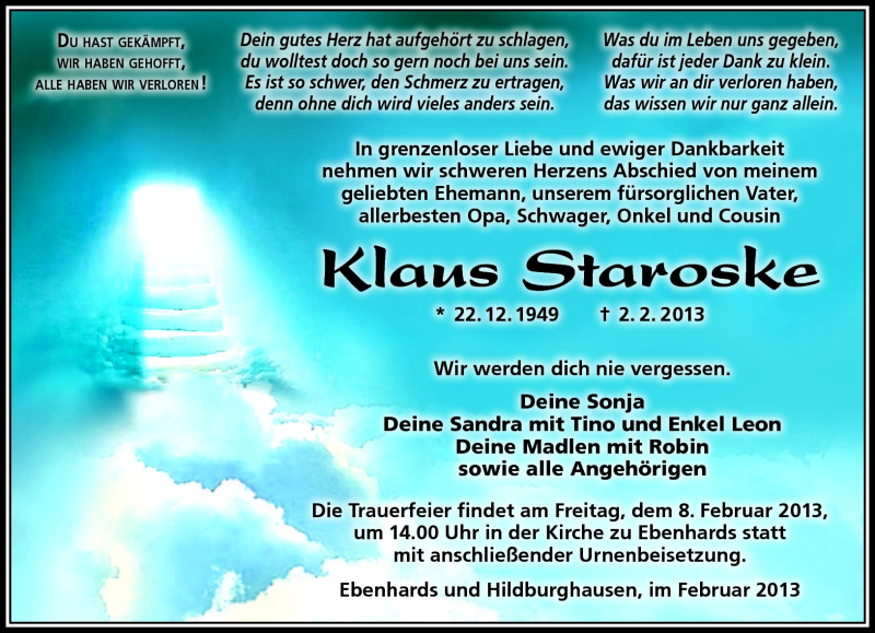  Traueranzeige für Klaus Staroske vom 06.02.2013 aus Südthüringer Presse