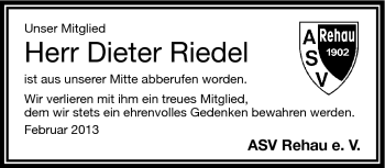 Traueranzeige von Dieter Riedel von Frankenpost