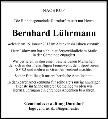 Traueranzeige von Bernhard Lührmann von Südthüringer Presse