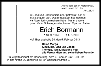 Traueranzeige von Erich Bormann von Frankenpost