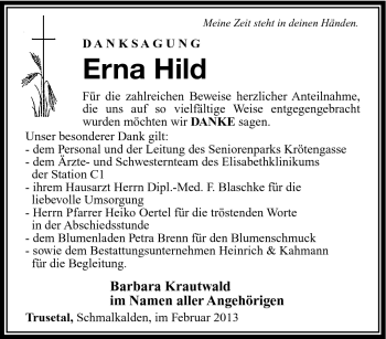 Traueranzeige von Erna Hild von Südthüringer Presse