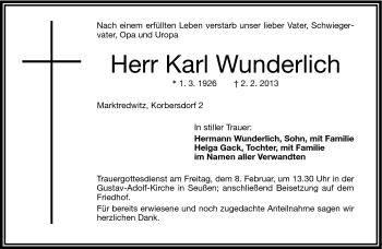 Traueranzeige von Karl Wunderlich von Frankenpost