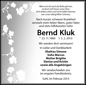 Traueranzeige von Bernd Kluk von Südthüringer Presse