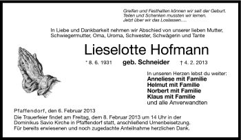 Traueranzeige von Lieselotte Hofmann von Neue Presse Coburg