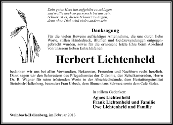Traueranzeige von Herbert Lichtenheld von Südthüringer Presse