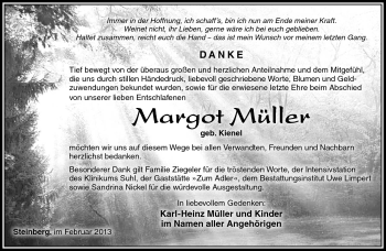 Traueranzeige von Margot Müller von Südthüringer Presse