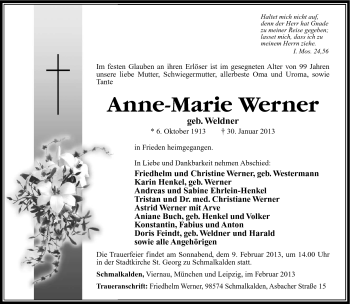 Traueranzeige von Anne Marie Werner von Südthüringer Presse