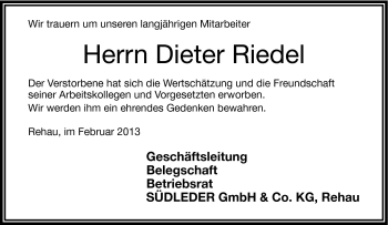 Traueranzeige von Dieter Riedel von Frankenpost