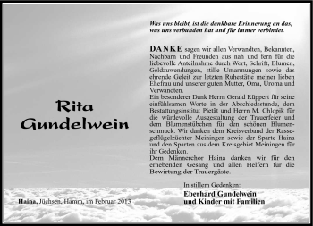 Traueranzeige von Rita Gundelwein von Südthüringer Presse